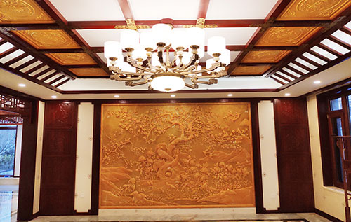 岭口镇中式别墅客厅中式木作横梁吊顶装饰展示